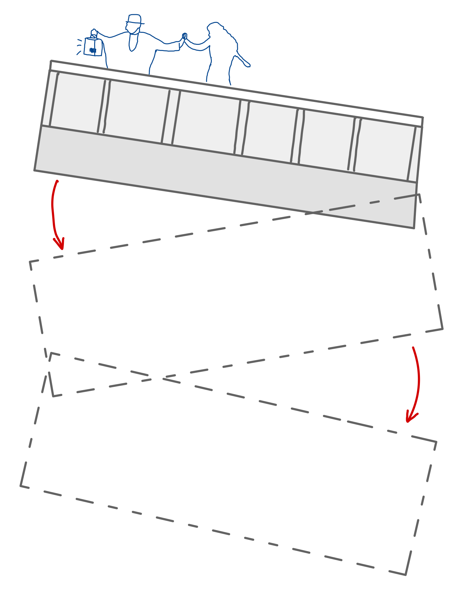 In the West End performance, Christine and the Phantom traverse across a vertically descending platform.