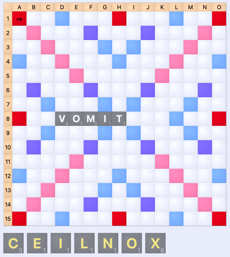 Your opponent plays VOMIT, and your rack has the tiles C, E, I, L, N, O and X.